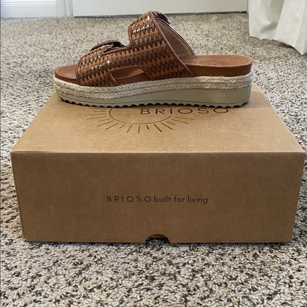 Brioso Fenney Brown Woven Double Buckle Banded Platform Slide Sandal, worn 5x - Picture 4 of 12